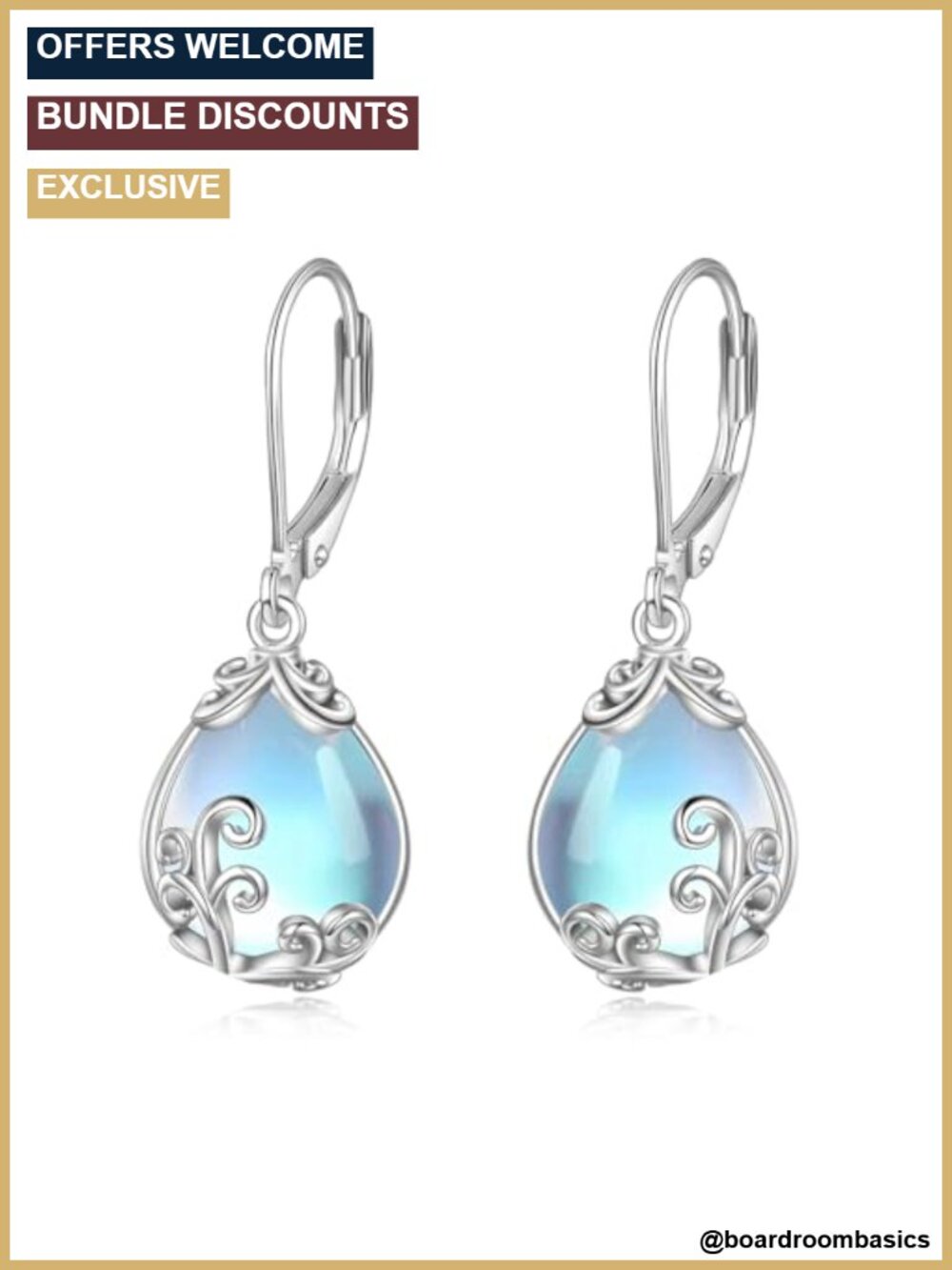 Moonstone Drop Dangle Earrings 18K White Gold Filigree Leverback Gift